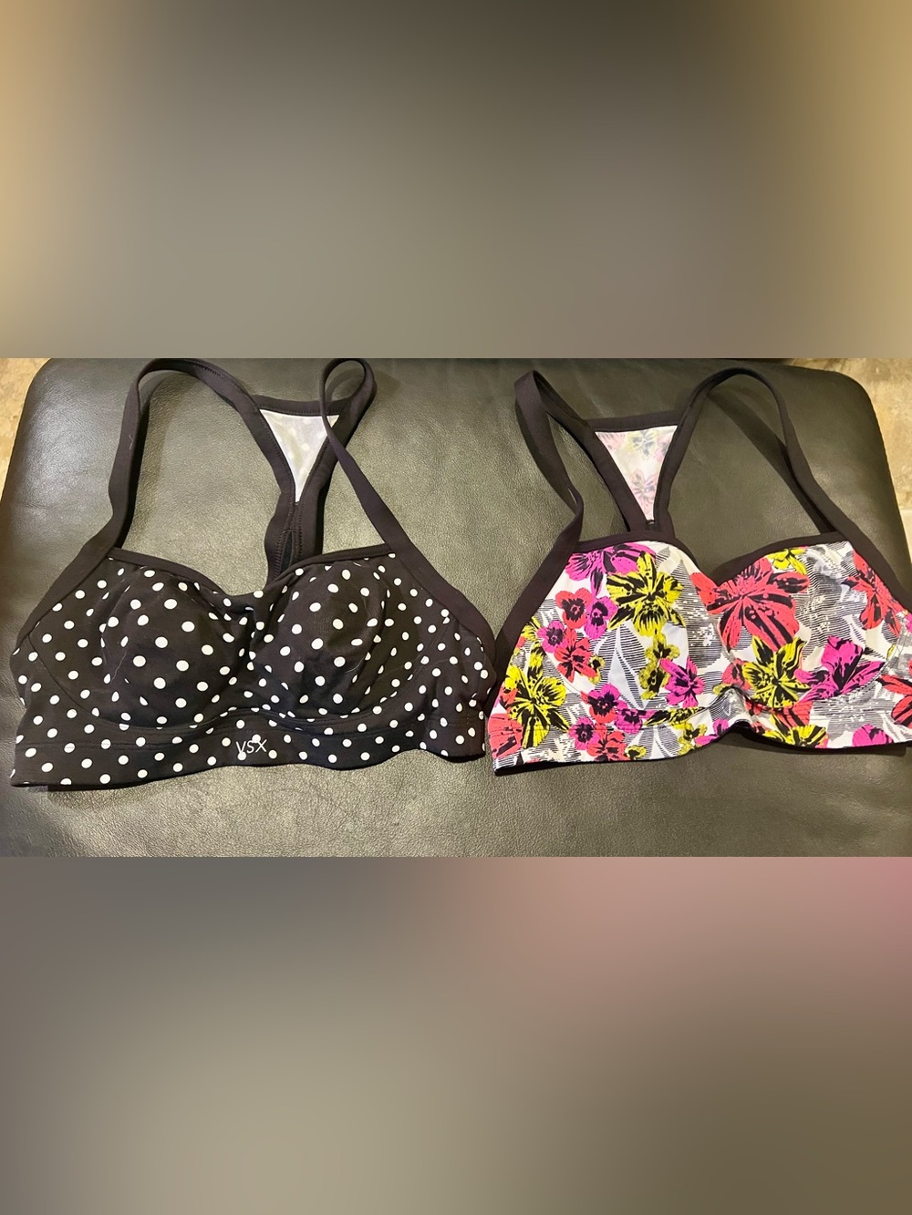VSX Black with White Polka Dots and Multi Colored Sports Bras Two Count 34B
